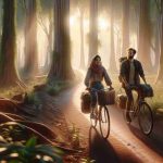 High-resolution, photorealistic image of a South Asian woman and a Middle-Eastern man embarking on an adventurous bicycle journey through the enchanting and tranquil woodland area. They are journeying along a dirt path that meanders through the dense woodland, with towering trees on either side. Their faces glow with the thrill of adventure, and the bicycles are laden with camping gear. The sunlight gently filters through the leaves, casting a magical play of light and shadow around them.