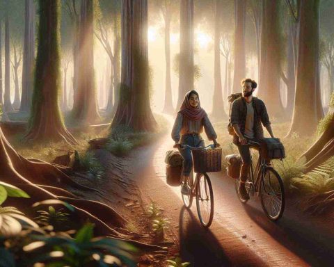 High-resolution, photorealistic image of a South Asian woman and a Middle-Eastern man embarking on an adventurous bicycle journey through the enchanting and tranquil woodland area. They are journeying along a dirt path that meanders through the dense woodland, with towering trees on either side. Their faces glow with the thrill of adventure, and the bicycles are laden with camping gear. The sunlight gently filters through the leaves, casting a magical play of light and shadow around them.