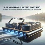 A high-resolution, realistic image illustrating the concept of reinventing electric boating: a groundbreaking frontier in pontoon innovation. The image should depict an innovative pontoon boat with advanced electric propulsion technology riding through serene waters, demonstrating both perfect balance on the water and quiet, clean operation. The design should show visually appealing aesthetics combining comfort and functionality. The body made up of sustainable materials, sleek modern lines and minimum environmental impact can be seen as its pioneering features.