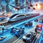 Image of a high-definition, realistic concept that depicts futuristic innovations revolutionizing transportation. The image may include advanced technologies such as hyperloop trains, autonomous electric vehicles, high-speed drones, and hoverboards, all interacting in a cutting-edge urban environment.