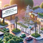 Illustrate a high-definition, realistic image representing the concept of 'Embrace the Electric Revolution'. Show examples of unique methods small businesses can utilize to adapt and thrive in this change. This can include, but not limited to, adopting renewable energy systems, using electric vehicles for transportation, or developing eco-friendly products. The overall ambiance should be positive, innovative, and demonstrating progress. Please also include a visible signage or banner in the scene that reads 'Embrace the Electric Revolution'.