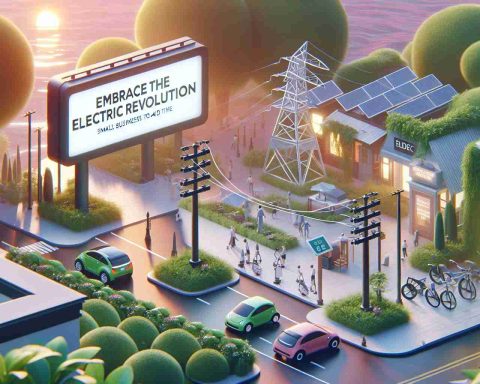 Illustrate a high-definition, realistic image representing the concept of 'Embrace the Electric Revolution'. Show examples of unique methods small businesses can utilize to adapt and thrive in this change. This can include, but not limited to, adopting renewable energy systems, using electric vehicles for transportation, or developing eco-friendly products. The overall ambiance should be positive, innovative, and demonstrating progress. Please also include a visible signage or banner in the scene that reads 'Embrace the Electric Revolution'.