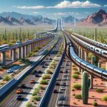 High-definition, realistic image portraying an advanced transportation system in the state of Arizona. A multilane freeway with vehicles of varying types including electric cars, driverless vehicles, and futuristic monorails. Near the freeway, an advanced, sustainable passenger train travels at high-speed, representing the cutting-edge future of mass transportation. The surroundings depict quintessential Arizonian scenery with tall saguaro cacti, distant mountains, and red-sand desert terrain under a clear, blue sky.