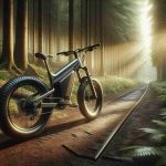 Generate an high definition, realistic image of an outdoor scene showcasing the Trailblazer Electric Bike. The bike is standing on a rugged trail, surrounded by dense forest, indicating a journey through the wilderness. The sunlight pierces through the canopy, casting dappled light on the bike and trail. The bike itself is a sleek, modern electric model, equipped with large tires for off-road travel and a compact motor. The bike's design suggests a sense of adventure and exploration.