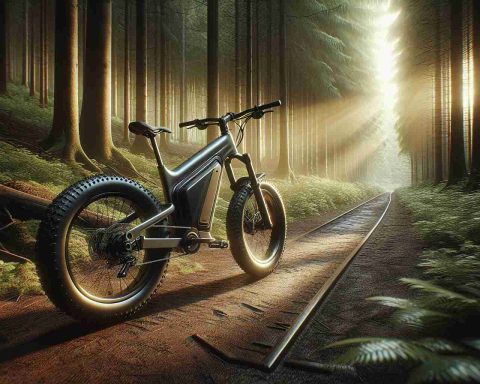 Generate an high definition, realistic image of an outdoor scene showcasing the Trailblazer Electric Bike. The bike is standing on a rugged trail, surrounded by dense forest, indicating a journey through the wilderness. The sunlight pierces through the canopy, casting dappled light on the bike and trail. The bike itself is a sleek, modern electric model, equipped with large tires for off-road travel and a compact motor. The bike's design suggests a sense of adventure and exploration.