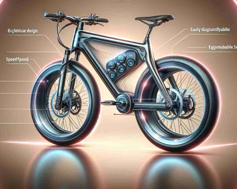 Create a high-definition, realistic image of a cutting-edge electric bicycle with features such as dual-wheel drive. It should showcase a futuristic design, clear branding, easily distinguishable dials for speed, and charging level, along with ergonomic handles and adjustable seat. Please ensure good lighting to bring out the metal shine and intricate details of the bike.