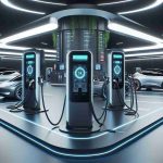 Detailed and realistic image in Hight Definition showing new innovations in electric vehicle charging technology. The setting is a futuristic charging station with sleek, advanced design elements. Vehicles can be seen utilizing the electric charging ports, and digital displays showcase information about energy usage and charging status. Emphasis is on the high-tech components and user-friendly design of the station.