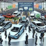 Depict a detailed and realistic high-definition image of a bustling commercial electric vehicle market scene. There are rows of various styles and models of electric cars and trucks displayed. Buyers of diverse descents and genders are inspecting the vehicles, discussing features and battery capabilities. State incentive banners and posters are prominently displayed, highlighting significant discounts and benefits for purchasing these environmentally friendly vehicles. A large screen in the background is playing animations explaining the positive impact of electric vehicles on the environment.