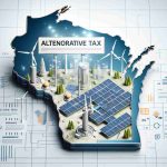 A realistic high-definition image illustrating the introduction of a new tax on alternative energy users in Wisconsin. The picture could include visual elements such as solar panels and wind turbines with the state map of Wisconsin in the background. Infographics or text highlighting the new tax policy might also be present.