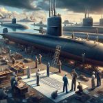 A realistic high definition illustration showing a scene at a shipyard. There are submarines in various stages of construction, yet the atmosphere is tense, indicating delay in production. Workers of diverse descents and genders are gathered, engrossed in discussion or inspecting the unfinished submarines. In the foreground, a large blueprint of a submarine is spread out on a table, suggesting the attempt to strategize the production plans. In the background, a fleet of completed submarines ready to join the navy can be seen. A sky filled with threatening clouds implies the strategic difficulties ahead.