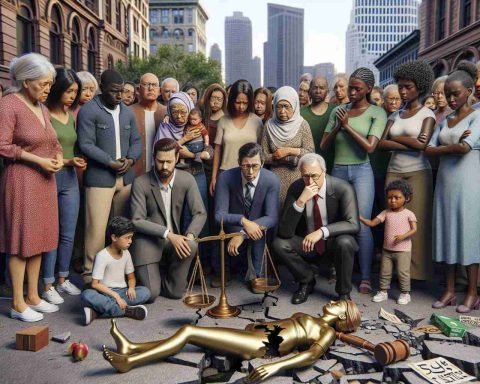 A hyper-realistic high-definition scene that depicts a tragic incident leading to a call for justice. In the scene, a small crowd of diverse community members -- including an elderly Caucasian woman, a young Black man, a Middle-Eastern mother with her child, and a South Asian business man -- is gathered around a symbolic broken scale of justice laying on the ground. Some show expressions of sadness and shock, while others display determined faces, holding signs for justice. The setting is an urban park during the afternoon, with city buildings in the backdrop.