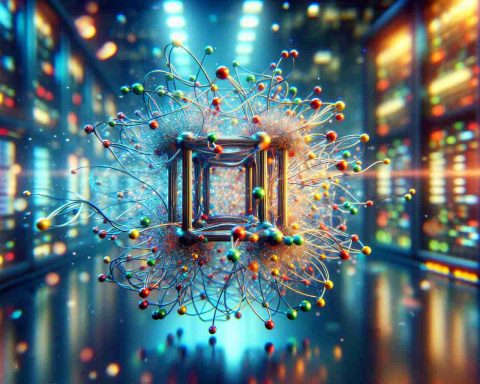 Create a photorealistic high-definition image of a breakthrough in quantum computing gates. This can be illustrated as a complex network of entangled particles, with vibrant colors indicating the different states of the quantum bits or qubits, set against the backdrop of a futuristic technology lab. Focus should be given on the quantum gate which is the building block of quantum computing.