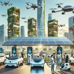 A cutting-edge scene in a high-definition photo portraying the future of electric vehicles showcasing the shift towards sustainable mobility. An array of electric cars charging at solar-powered charging stations in a bustling city, people of varied descents and genders using smart technologies to interact with the vehicles. Skyscrapers with green roofs and vertical gardens loom in the background, representing urban sustainability. Drone taxis efficiently traversing the sky, embodying the evolution of technology and mobility. Energy-efficient street lamps illuminating the scene, tastefully merging modern technology with a greener future.