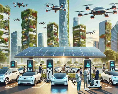 A cutting-edge scene in a high-definition photo portraying the future of electric vehicles showcasing the shift towards sustainable mobility. An array of electric cars charging at solar-powered charging stations in a bustling city, people of varied descents and genders using smart technologies to interact with the vehicles. Skyscrapers with green roofs and vertical gardens loom in the background, representing urban sustainability. Drone taxis efficiently traversing the sky, embodying the evolution of technology and mobility. Energy-efficient street lamps illuminating the scene, tastefully merging modern technology with a greener future.