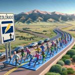 High-definition image of a symbolic narrative representing Colorado's advancement in the adoption rates of electric vehicles (EVs). Depict a Colorado landscape with mountains in the background and a clear blue sky. In the foreground, show a popular Colorado route with a line of multi-gender people of different descents and varying ages. Each person is happily taking a step forward and each is holding a small symbolic EV in their hand, signifying the rate of adoption.