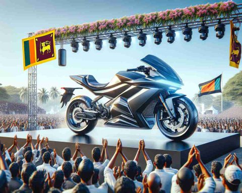 Generate a realistic high-definition image depicting a milestone event in Sri Lanka's sustainable transportation sector, where a new electric motorcycle is being launched. Include details that showcase the eco-friendliness of the vehicle, such as its sleek design devoid of large exhaust pipes, the presence of charging ports, and high-tech dashboard details. The setting is an outdoor one, a large stage perhaps, with crowds of excited onlookers of differing descents such as Caucasian, Hispanic, Black, Middle-Eastern, and South Asian, awaiting the reveal of the motorcycle. Sri Lankan cultural nuances, like flags, cultural attire, and native flora, could also be incorporated.