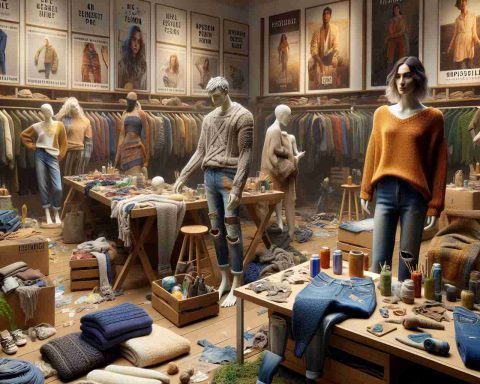 A high-definition, lifelike image featuring a scene that represents the rise of sustainable fashion. The image shows an aesthetically pleasing display of reused, recycled and upcycled clothing items. The scene includes a variety of apparels, such as sweaters knitted from discarded plastic, jeans produced from recycled denim, and shoes made from repurposed leather. The clothes are displayed in a shop-like setting, with mannequins of different genders and descents showcasing the garments. In the background are well-detailed posters advocating for sustainable fashion practices, and a domestic setting showing an individual of South Asian descent and female gender, creatively repurposing old clothing items into something trendy and fashionable.