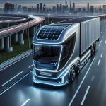 A high-resolution, realistic image showing a ground-breaking electric truck, designed with sophisticated technology and sleek aesthetics. The image should capture the idea that it is set to revolutionize the transportation industry, perhaps by including innovative features like solar charging panels, a streamlined, futuristic design, and the sense of energy and forward progress. Have dense cities or efficient highways in the background to further signify its potential impact.