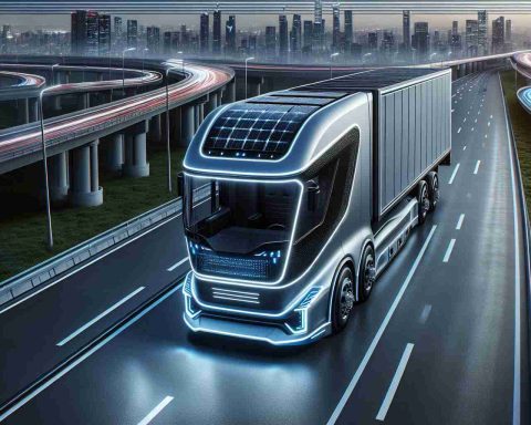 A high-resolution, realistic image showing a ground-breaking electric truck, designed with sophisticated technology and sleek aesthetics. The image should capture the idea that it is set to revolutionize the transportation industry, perhaps by including innovative features like solar charging panels, a streamlined, futuristic design, and the sense of energy and forward progress. Have dense cities or efficient highways in the background to further signify its potential impact.