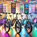 A realistic, high-definition image showcasing a sale of a variety of electric bikes. They're discounted significantly for a large online shopping event, Cyber Monday. The bikes radiate quality and advanced technology, highlighting features such as their streamlined design, bright LED lights, sturdy frames, and digital displays. The bikes are set against the backdrop of a cheerful shopping ambiance with vibrant colors, and price tags showing generous discounts on each of them, expressing the excitement and urgency of the Cyber Monday sale.