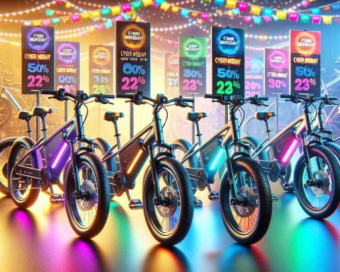 A realistic, high-definition image showcasing a sale of a variety of electric bikes. They're discounted significantly for a large online shopping event, Cyber Monday. The bikes radiate quality and advanced technology, highlighting features such as their streamlined design, bright LED lights, sturdy frames, and digital displays. The bikes are set against the backdrop of a cheerful shopping ambiance with vibrant colors, and price tags showing generous discounts on each of them, expressing the excitement and urgency of the Cyber Monday sale.