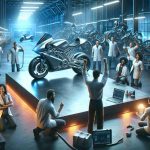 A meticulously crafted and highly detailed image showcasing a groundbreaking moment in the electric motorcycle industry. The scene features a sleek, innovative electric motorcycle parked in a futuristic workshop. Engineers of different genders and from various descents - including Hispanic, Caucasian, Black, Middle-Eastern, and South Asian - are seen hard at work, celebrating their accomplishment. The ambiance pulsates with a sense of innovation and evolution, symbolizing a revolutionary shift towards sustainable transportation.