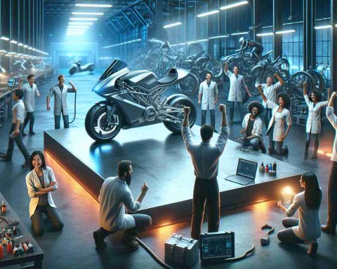 A meticulously crafted and highly detailed image showcasing a groundbreaking moment in the electric motorcycle industry. The scene features a sleek, innovative electric motorcycle parked in a futuristic workshop. Engineers of different genders and from various descents - including Hispanic, Caucasian, Black, Middle-Eastern, and South Asian - are seen hard at work, celebrating their accomplishment. The ambiance pulsates with a sense of innovation and evolution, symbolizing a revolutionary shift towards sustainable transportation.