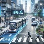 Realistic high-definition image showcasing the improvement of urban mobility through innovative regulations. This might include a well-structured bike lane, an efficient public transport system, electronic road signs displaying real-time updates, and pedestrians crossing the street in a thoughtful urban design setting.