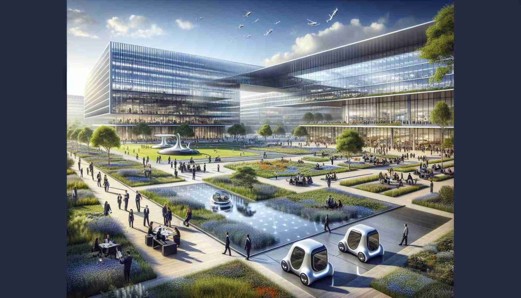 Generate a high-resolution image showing a scene of ground-breaking innovation in a research park located on the south side. The environment is a mixture of nature and advanced technology. Futuristic looking buildings with large glass windows reflect the surrounding greenery. People of various descents and genders can be seen engaged in scientific discourse, huddled in small groups or working individually, all with a sense of intense focus and excitement. Sleek autonomous vehicles traverse the park's paths and modern art installations dot the landscape, symbolizing the harmony between science, technology and art.