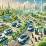 An illustrated depiction of the future of sustainable driving. Show a futuristic cityscape filled with greenery and renewable energy sources like windmills and solar panels. The roads are filled with sleek, silent electric cars of different models, plugged into charging stations powered by renewable energy. Pedestrians are visible in the scene, among them a South Asian woman and a Caucasian man, appreciating the peaceful and clean environment. The image is in high detail, exemplifying the features that make it eco-friendly and sustainable.