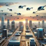 Create a crisp, high-definition image symbolizing the revolution in transportation - the era of air taxis. The scene should showcase an ultramodern cityscape backdrop with a clear sky, lit by the setting sun. There are largely autonomous air taxis, looking sleek and futuristic, dotting the sky in various stages of takeoff, flight, and landing. They range from compact single-person air vehicles to larger models capable of transporting multiple passengers - suggesting diversity in design and capability. The city below has an advanced infrastructure adapted for these aerial vehicles, with landing pads on rooftops and special traffic signals for air traffic control.