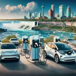 A HD photo representing the revolution in transportation with electric vehicles in Ontario, Canada. The scene should depict charging stations with various electric cars being charged and the background should have serene landscapes with the Niagara Falls, towering skyscrapers symbolizing urban development, and a hint of clean blue skies reflecting the decrease in air pollution. The vehicles could be a range fancy and standard ones, showcasing the diversity in electric vehicle ownership.