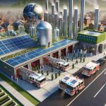 Realistic high definition image showcasing an innovative vision of emergency response in a generic city. Highlight an eco-friendly fire station outfitted with solar panels, rainwater collectors, and electric fire trucks. Depict firefighters, represented as people of various descents and genders, using sustainable firefighting equipment like biodegradable foam and reusable water bottles. Make it apparent that the city values sustainability and is committed to eco-friendly practices whilst maintaining emergency readiness.