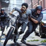 Create a realistic, high-definition image depicting a scene where a police officer of South Asian descent is apprehending a suspect of Caucasian descent. The suspect is attempting to flee on a stolen e-bike. The environment is an urban city street during the day. Please include details such as the suspect's panicked expression, the officer's determined gaze, and the chaotic movement of the e-bike, to heighten the sense of urgency and commotion inherent in such a scene.