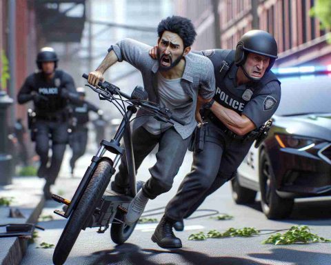 Create a realistic, high-definition image depicting a scene where a police officer of South Asian descent is apprehending a suspect of Caucasian descent. The suspect is attempting to flee on a stolen e-bike. The environment is an urban city street during the day. Please include details such as the suspect's panicked expression, the officer's determined gaze, and the chaotic movement of the e-bike, to heighten the sense of urgency and commotion inherent in such a scene.