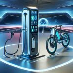 Generate a futuristic, high-definition image showcasing a convenience-oriented new era of charging electric bikes. The scene should depict a technologically advanced charging station with sleek and modern design elements. The electric bike, highlighted in the scene, should have a streamlined and efficient design that complements the futuristic setting. The interface of the charging station should include touchscreens and wireless capabilities, inviting viewers to imagine a new age of ease and speed. The color scheme should lean toward bright, clean colors to emphasize innovation and progress.