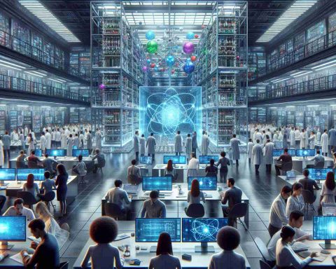 A highly detailed, realistic image illustrating the concept of revolutionizing quantum computing through collaborative innovation. Show a bright, futuristic technology lab full of diverse scientists of different genders and descents such as Caucasian, Hispanic, Black, Middle-Eastern, South Asian, and White. They're all working together on a massive, complex quantum computer. The environment is filled with holographic displays showing quantum calculations and floating, 3D models of quantum bit (qubit) arrays. The atmosphere gives a sense of profound novelty, indicative of groundbreaking progress.