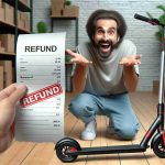 Realistic and high-definition image depicting the scenario of customer satisfaction: A refund being issued for a faulty electronic scooter. Picture this: a disgruntled customer had purchased a faulty e-scooter and after negotiations with the company, they have finally managed to get a refund. The image shows a shopping receipt with 'REFUND' printed boldly in red, a faulty e-scooter lying aside, and a satisfied look on the customer's face. The background could be a retail store.