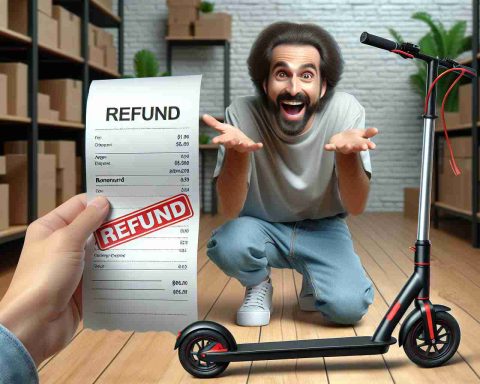 Realistic and high-definition image depicting the scenario of customer satisfaction: A refund being issued for a faulty electronic scooter. Picture this: a disgruntled customer had purchased a faulty e-scooter and after negotiations with the company, they have finally managed to get a refund. The image shows a shopping receipt with 'REFUND' printed boldly in red, a faulty e-scooter lying aside, and a satisfied look on the customer's face. The background could be a retail store.