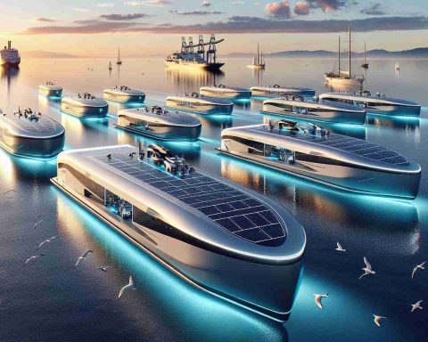 Detailed, high-resolution image of a set of futuristic electric ships embarking on a voyage. These vessels are designed with cutting-edge technology, characterized by sleek lines and optimized for clean, efficient travel using renewable energy sources. One can observe an array of solar panels on the roofs. The environment is calm with a clear sky overhead, reflecting vibrant colors of the setting sun on the calm sea. A number of seagulls are flying around adding a touch of natural beauty to the scene. There should be a sense of optimism and progress in this image.