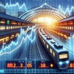 Create a high definition, realistic image of a stock market dashboard showing a significant surge in stock prices for Japanese train operating companies, following heightened investor interest. The dashboard should display rising graphs, numbers and perhaps Japanese characters to indicate it's a Japanese stock market. The picture should convey a sense of urgency and excitement often associated with such surges in stock market.