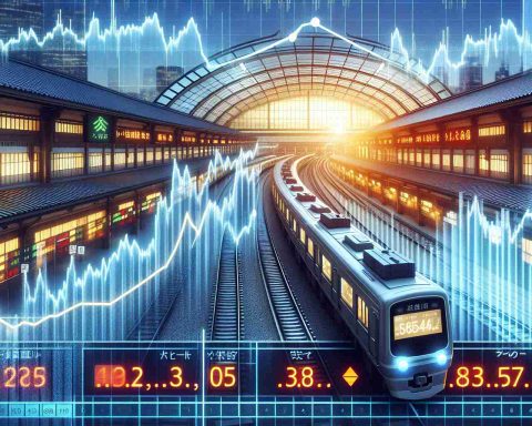 Create a high definition, realistic image of a stock market dashboard showing a significant surge in stock prices for Japanese train operating companies, following heightened investor interest. The dashboard should display rising graphs, numbers and perhaps Japanese characters to indicate it's a Japanese stock market. The picture should convey a sense of urgency and excitement often associated with such surges in stock market.