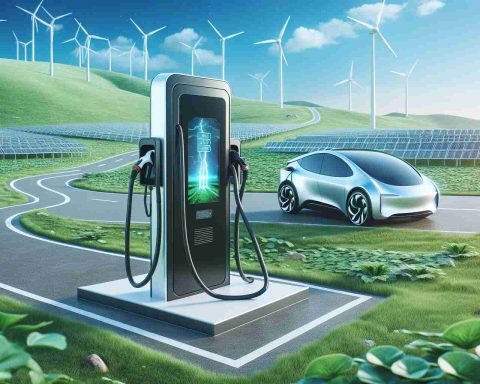 Generate a realistic high-definition image illustrating the future of electric vehicle charging. The scene may depict an advanced plug-in station with state-of-the-art charging technology placed in a green, sustainable environment. This could include renewable energy sources such as wind turbines or solar panels in the background. The station could be ergonomic, sleek, and futuristic, blending seamlessly with the environment. Capture the essence of revolutionizing sustainable transportation through this advanced EV charging setup.