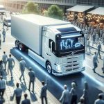 A realistic high-definition image of a small business advancing with an impressive electric innovation. The focus is on a Volvo truck on the foreground, showing neat, bright electric elements and clean designs that reflect environmental consciousness. The background must convey the bustling atmosphere of the small business, filled with people of varying descents showing eagerness and determination.