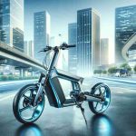 Generate a realistic high-definition image of the futuristic urban landscape redefined by ultralight vehicles such as air e-bikes. The primary focus is on a sleek, ultralight two-wheeler looking similar to an e-bike, painted in air-like shades of blue and grey, standing on a clean city street. Highlight the smooth lines of its design suggesting lightness and efficiency. Showcase technology-leading features like its compact size, light weight, and foldability. The surrounding city should be vibrant and detailed, with eco-friendly, smart city elements subtly incorporated into the background.