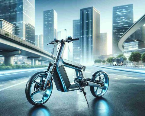 Generate a realistic high-definition image of the futuristic urban landscape redefined by ultralight vehicles such as air e-bikes. The primary focus is on a sleek, ultralight two-wheeler looking similar to an e-bike, painted in air-like shades of blue and grey, standing on a clean city street. Highlight the smooth lines of its design suggesting lightness and efficiency. Showcase technology-leading features like its compact size, light weight, and foldability. The surrounding city should be vibrant and detailed, with eco-friendly, smart city elements subtly incorporated into the background.