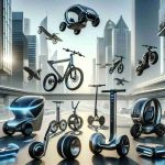 A highly detailed, realistic image showcasing various innovative methods of personal mobility. It might include a variety of futuristically designed transportation means like compact electric vehicles, unicycles, hoverboards, and foldable e-bikes. The primary focus should be on the unique design and technology solutions that make these vehicles efficient and environment-friendly. The setting could be an urban environment with modern architecture in the background, embodying a future city landscape.