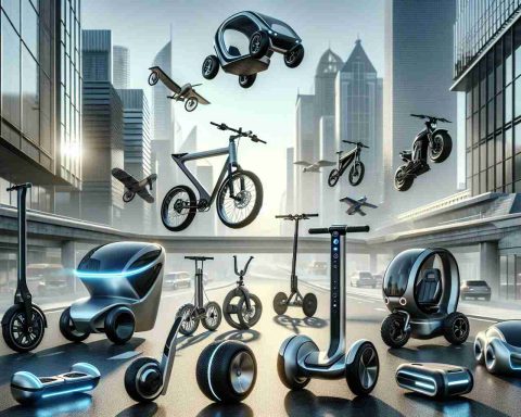 A highly detailed, realistic image showcasing various innovative methods of personal mobility. It might include a variety of futuristically designed transportation means like compact electric vehicles, unicycles, hoverboards, and foldable e-bikes. The primary focus should be on the unique design and technology solutions that make these vehicles efficient and environment-friendly. The setting could be an urban environment with modern architecture in the background, embodying a future city landscape.