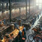 A high-definition, realistic image showcasing a scene of revolutionary transformation at a bicycle refurbishing shop in France. The shop is teeming with various stages of bicycle renovations, from rusty old bikes waiting to be restored to gleaming, newly refurbished ones ready to hit the road. There are workers of different descents and genders busily engaged in different tasks such as welding, painting, and assembling. The ambiance is energetic, buzzing with the gratifying work of giving new life to old bicycles.