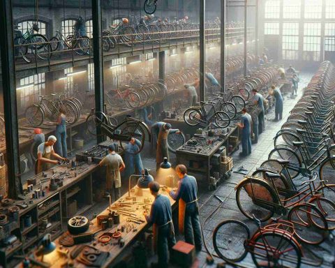 A high-definition, realistic image showcasing a scene of revolutionary transformation at a bicycle refurbishing shop in France. The shop is teeming with various stages of bicycle renovations, from rusty old bikes waiting to be restored to gleaming, newly refurbished ones ready to hit the road. There are workers of different descents and genders busily engaged in different tasks such as welding, painting, and assembling. The ambiance is energetic, buzzing with the gratifying work of giving new life to old bicycles.